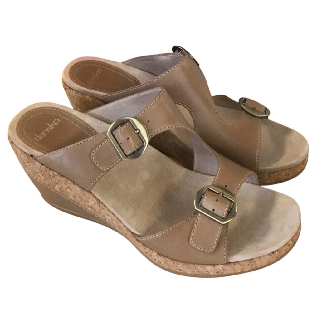 Dansko Carla Sand Leather Adjustable Wedge Sandals Size 38 US 7.5-8